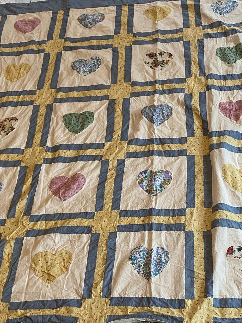 jcpenney Blue, Yellow and Cream Heart Patchwork Quilt shower curtain